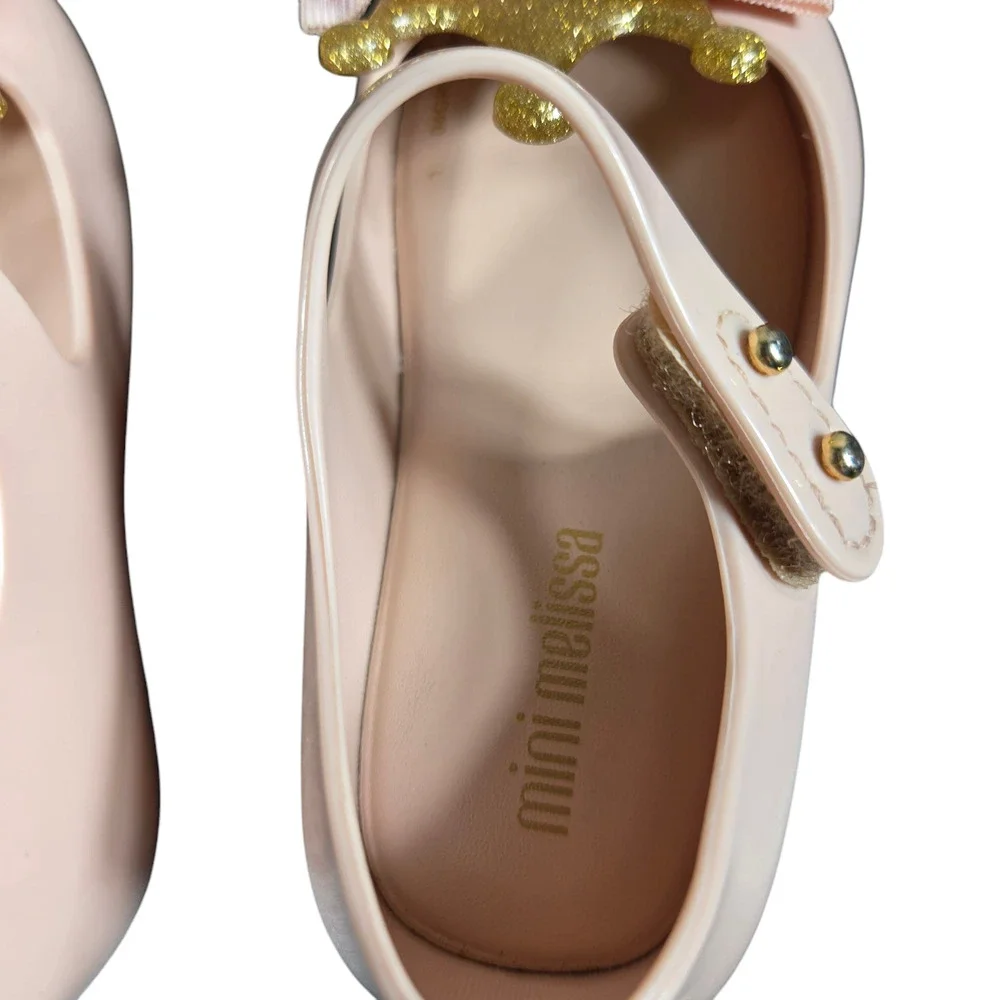 Mini Melissa Mary Janes Toddler 7 Pink Ribbon Bow Gold Crown Fairy Tale Princess